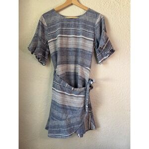 EXPRESS Striped Linen Blend Faux Wrap Dress Ruffle Hem Flutter Sleeve Blue Whit‎